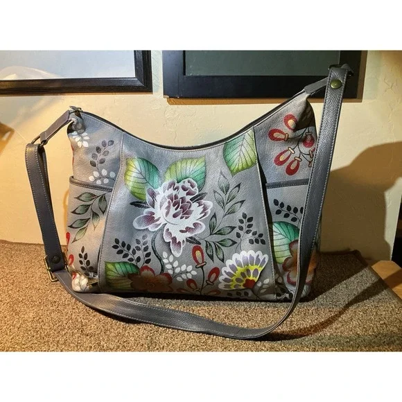 Anuschka Hand Bag Shoulder Bag Gray Hand Painted Floral Model 7082 - Picture 2 of 14